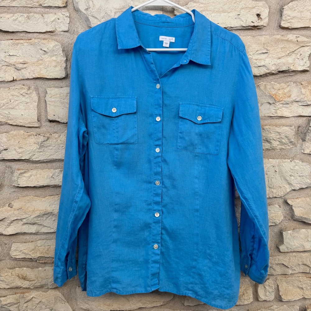 Love Linen J. Jill Blue Button Down Shirt Large Blue Top